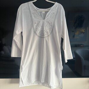 Jessica Taylor 100% Cotton White Embroidered Boho Tunic Top 3/4 Sleeve Large